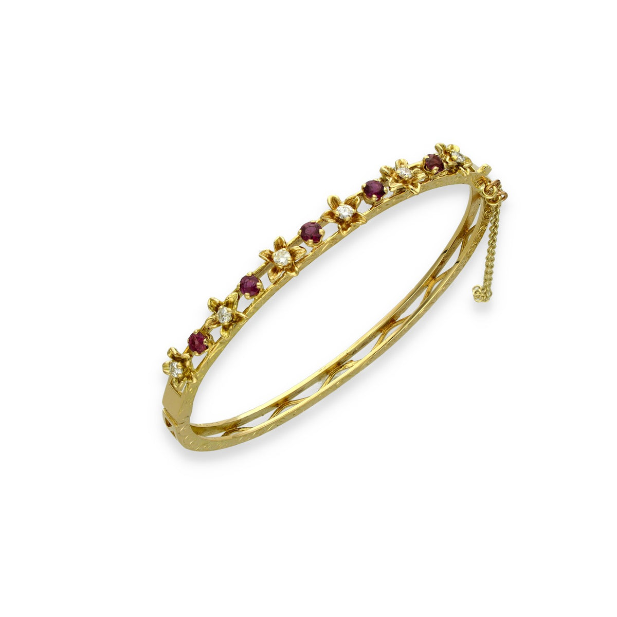 18ct Yellow Gold Ruby & Diamond Flower Bangle - 16.5cm - 0.75ct