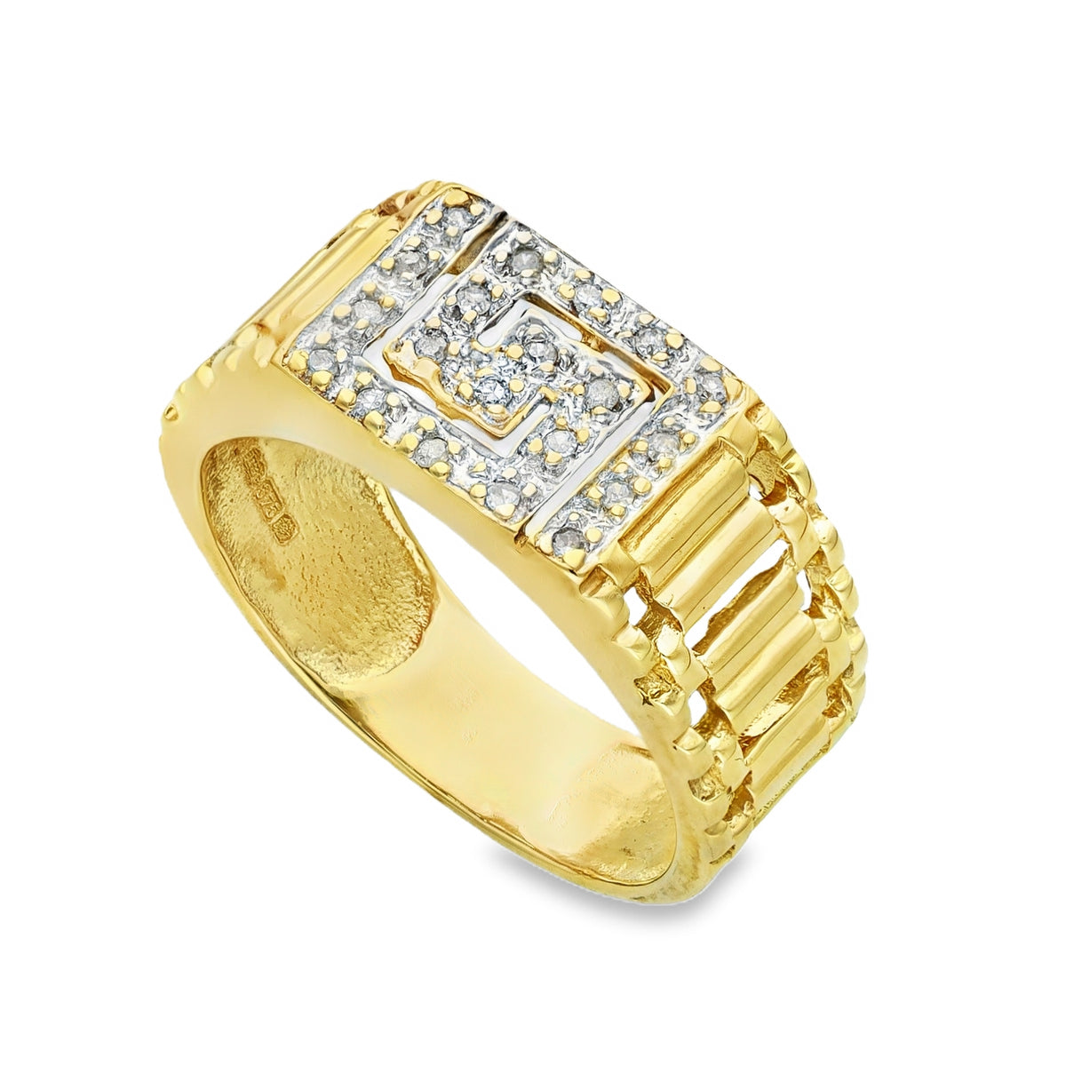 9ct Yellow Gold Greek Key Diamond Ring - Size R½ - 0.10ct