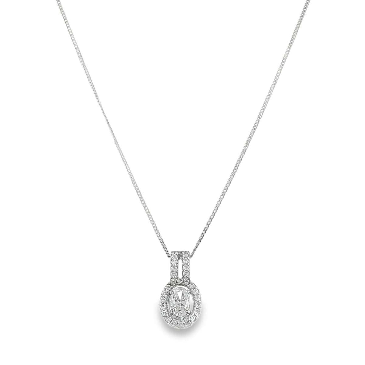 9ct White Gold CZ Halo Pendant & Chain - 16"- 2.6g