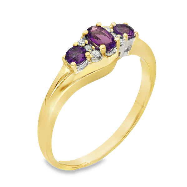 9ct Yellow Gold Amethyst & Diamond Trilogy Twist Ring - Size S - 0.40ct