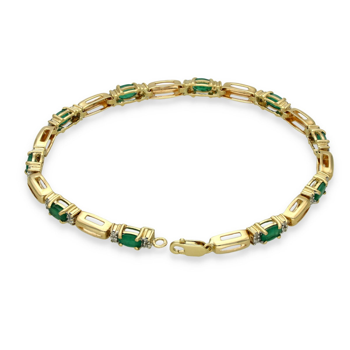 9ct Yellow Gold Emerald & Diamond Bracelet - 7" - 0.20ct