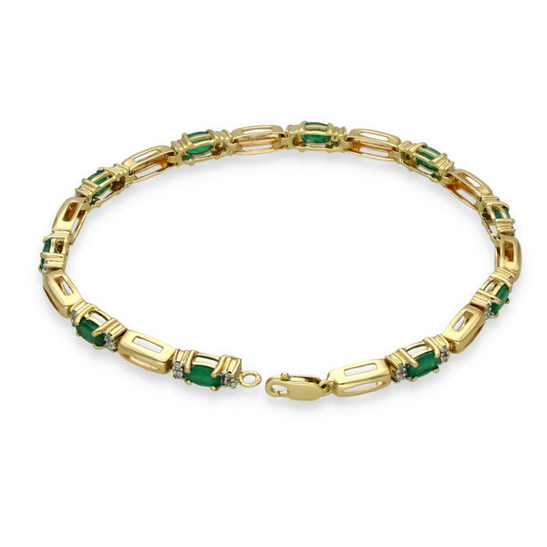 9ct Yellow Gold Emerald & Diamond Bracelet - 7" - 0.20ct
