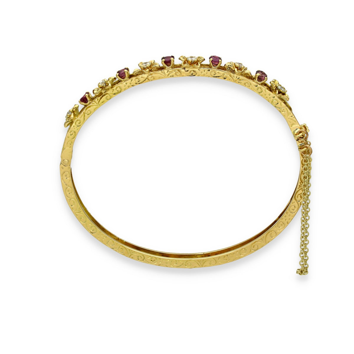 18ct Yellow Gold Ruby & Diamond Flower Bangle - 16.5cm - 0.75ct