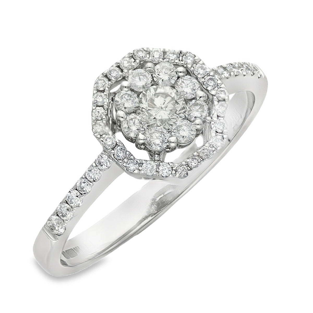 18ct White Gold Diamond Halo Cluster Ring - Size L - 0.50ct