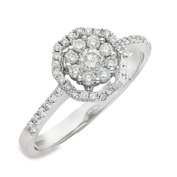18ct White Gold Diamond Halo Cluster Ring - Size L - 0.50ct