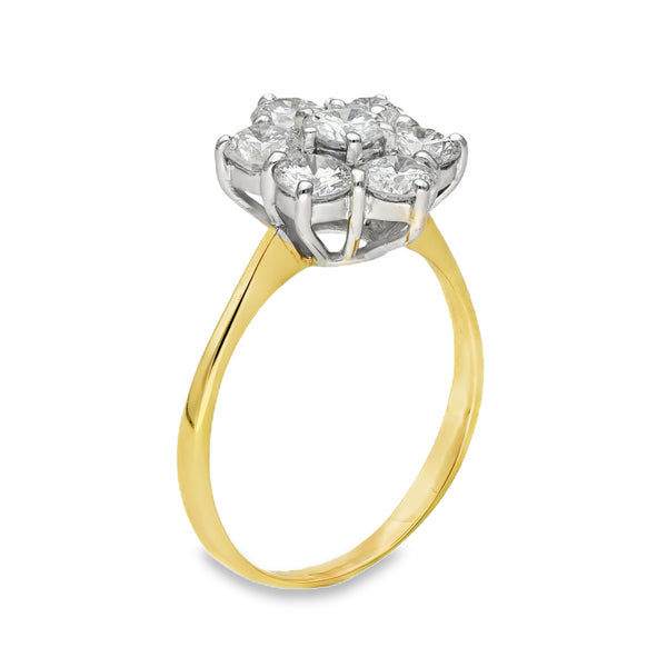 18ct Yellow Gold Diamond Cluster Ring - Size P - 1.89ct