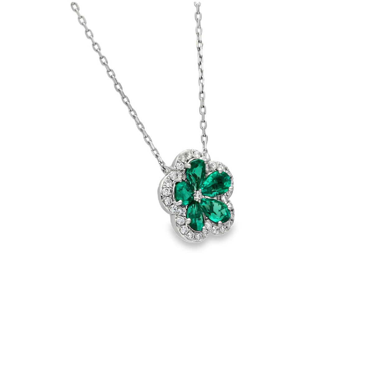 Lab Grown 1.75ct White Gold Emerald & Diamond Clover Pendant & Necklace - F/VS2