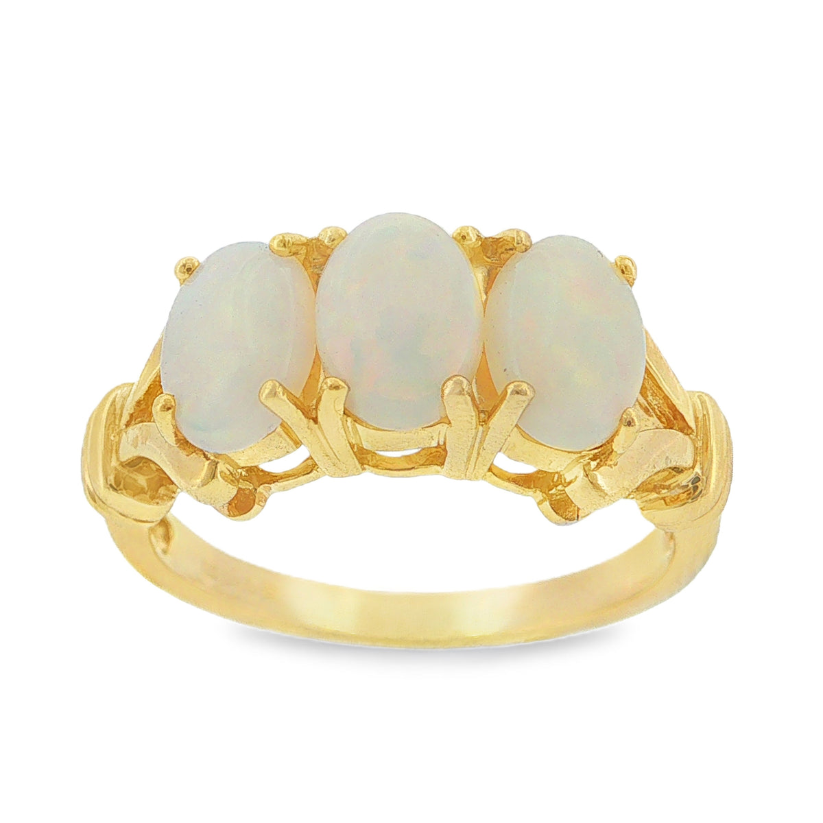 9ct Yellow Gold Oval Opal Trilogy Ring - Size N - 3.4g