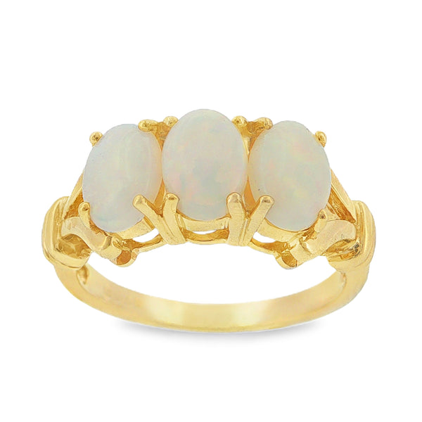 9ct Yellow Gold Oval Opal Trilogy Ring - Size N - 3.4g