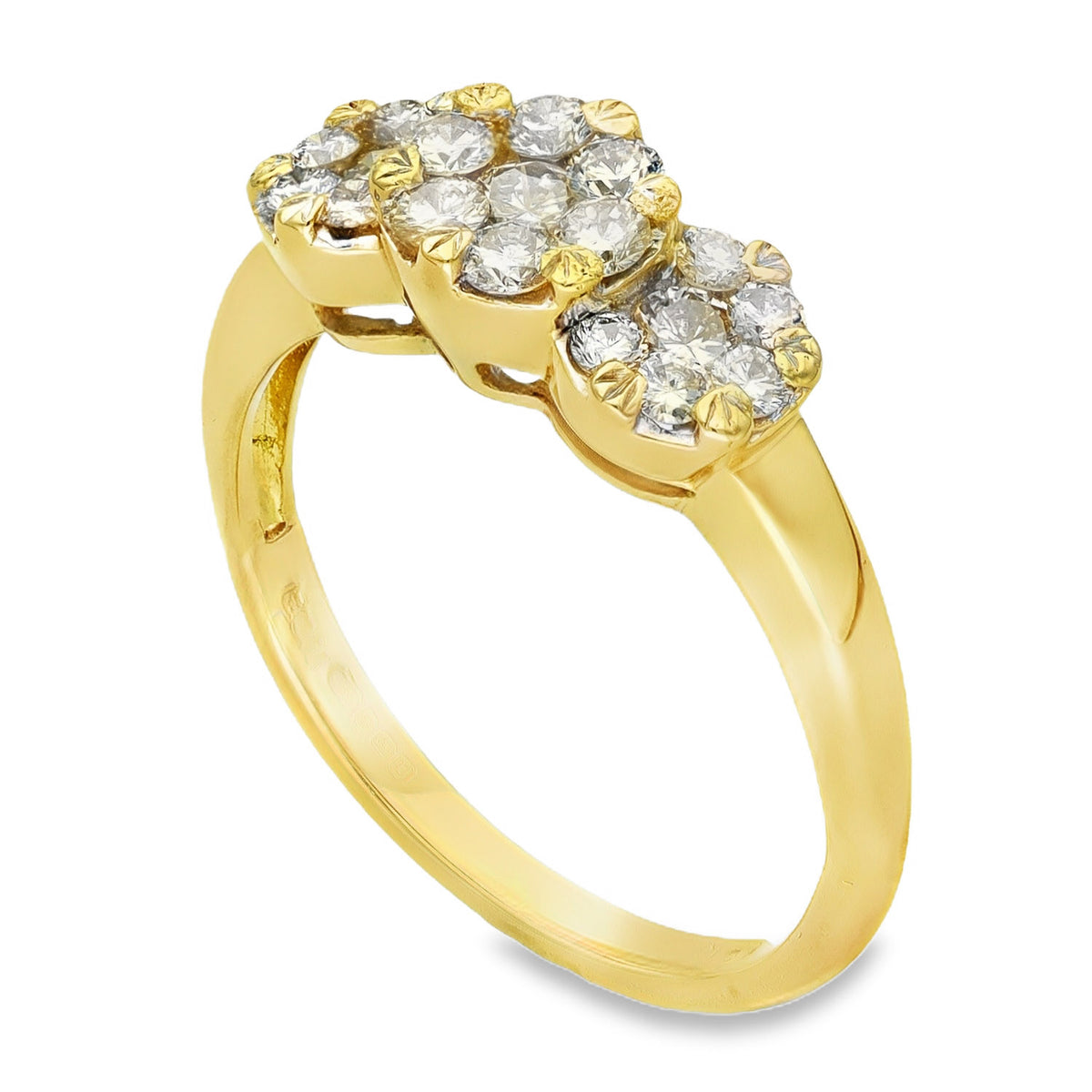 18ct Yellow Gold Diamond Triple Cluster Ring - Size S - 1.12ct
