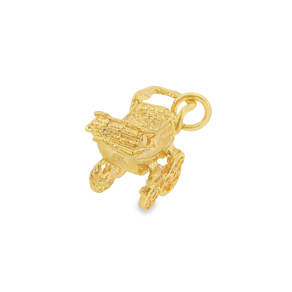 9ct Yellow Gold Vintage Pram Charm - 16x12x9mm - 2.7g