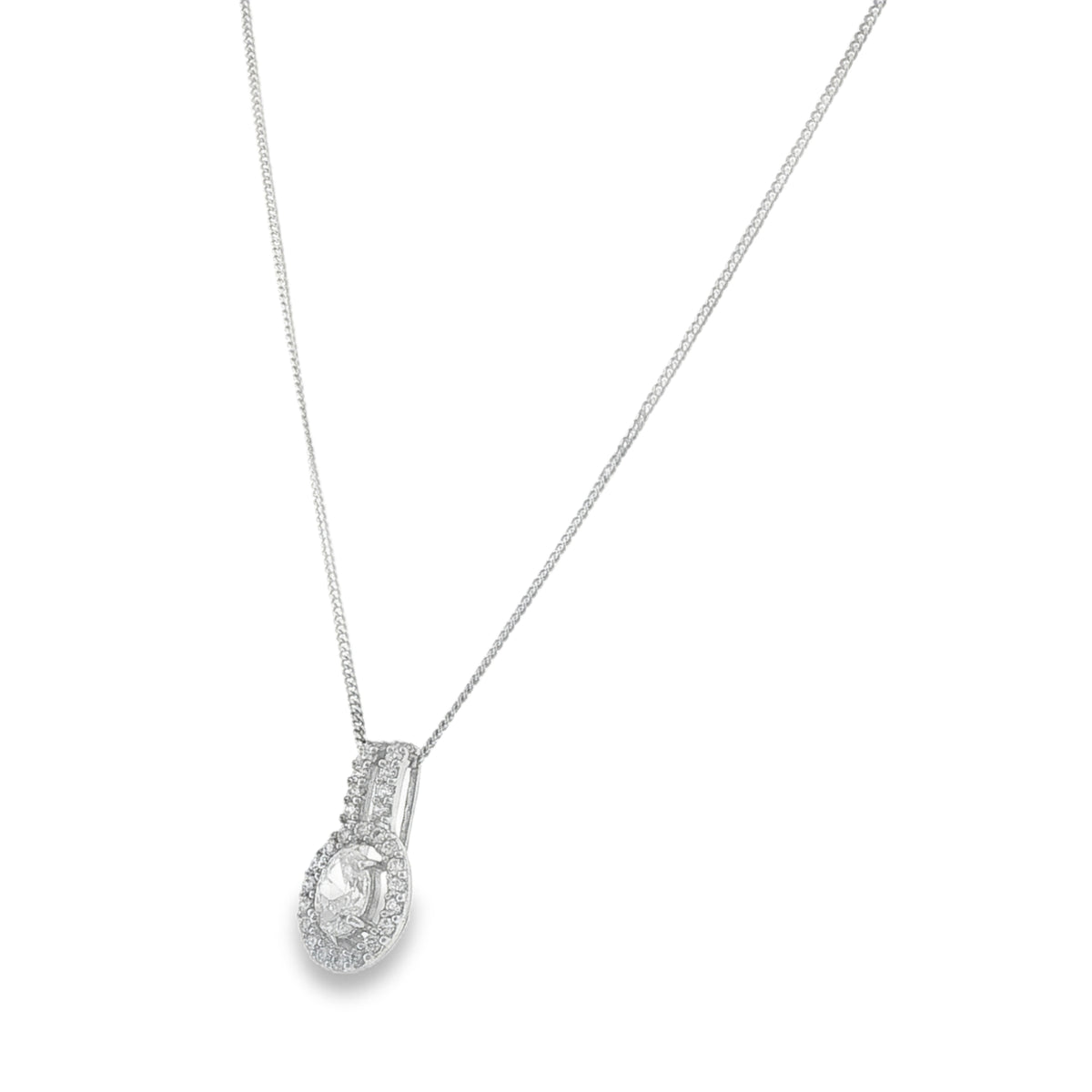 9ct White Gold CZ Halo Pendant & Chain - 16"- 2.6g