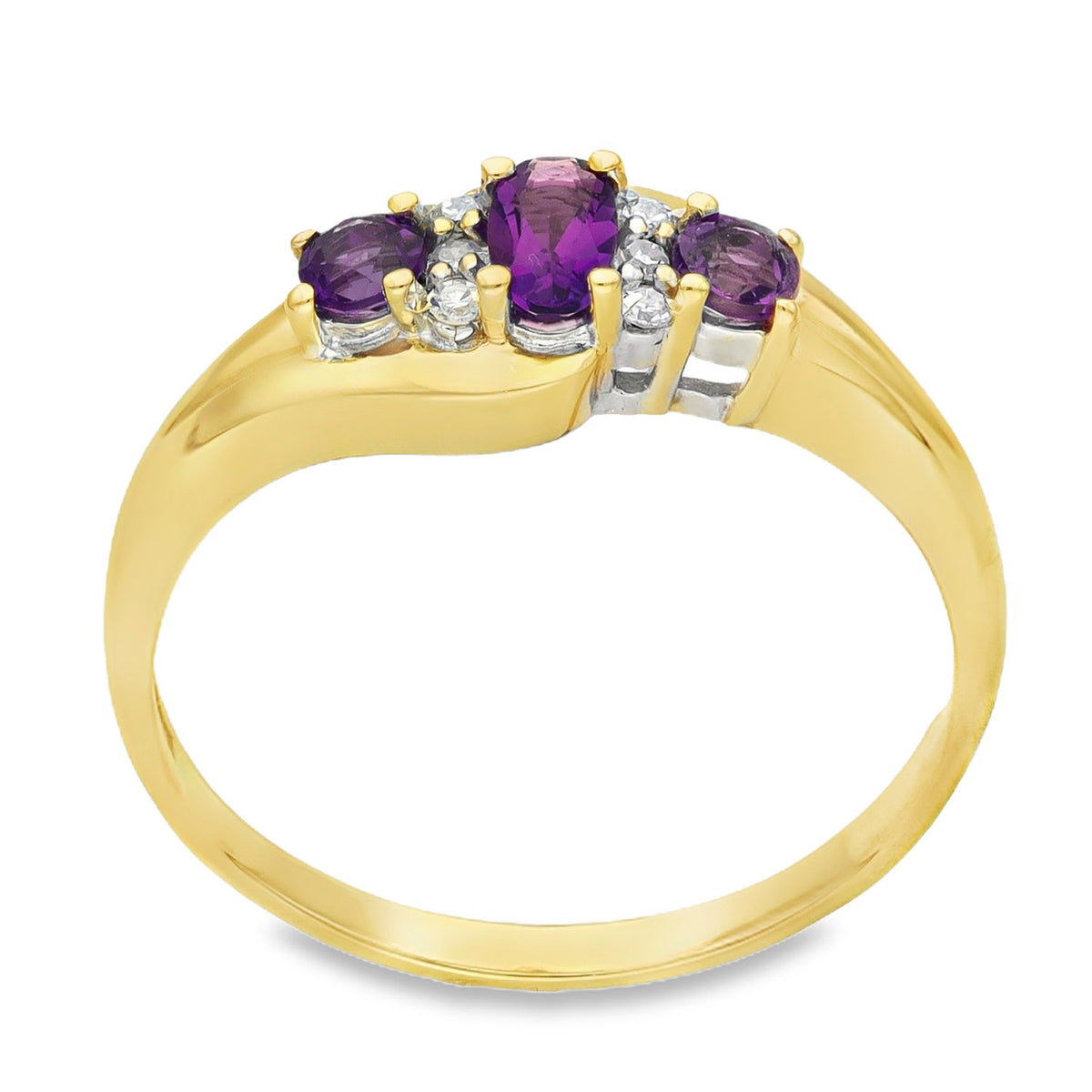 9ct Yellow Gold Amethyst & Diamond Trilogy Twist Ring - Size S - 0.40ct