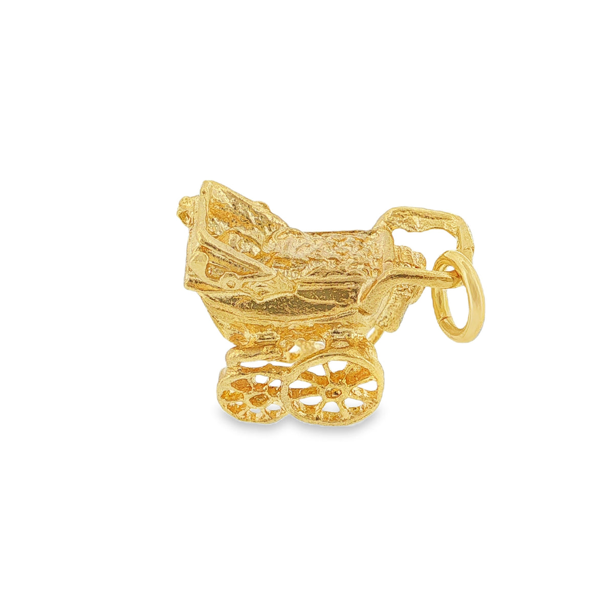 9ct Yellow Gold Vintage Pram Charm - 16x12x9mm - 2.7g