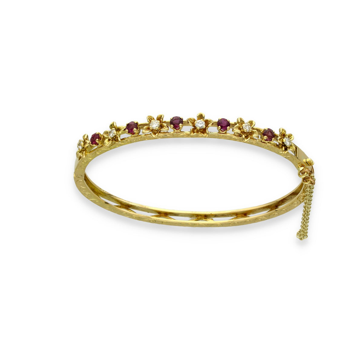 18ct Yellow Gold Ruby & Diamond Flower Bangle - 16.5cm - 0.75ct