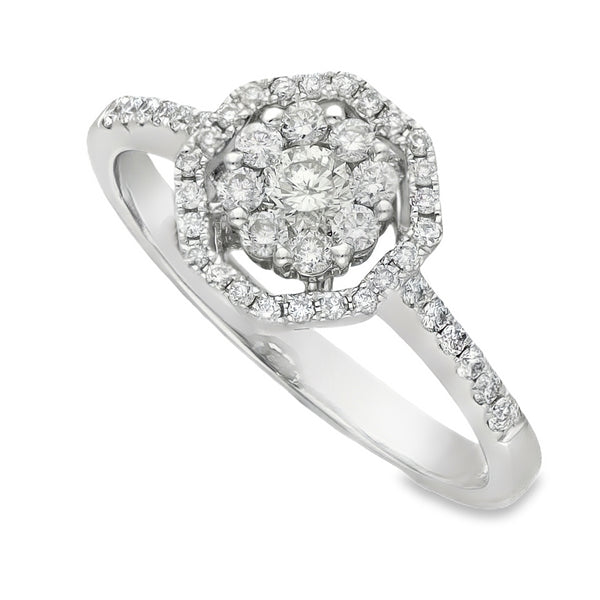18ct White Gold Diamond Halo Cluster Ring - Size L - 0.50ct