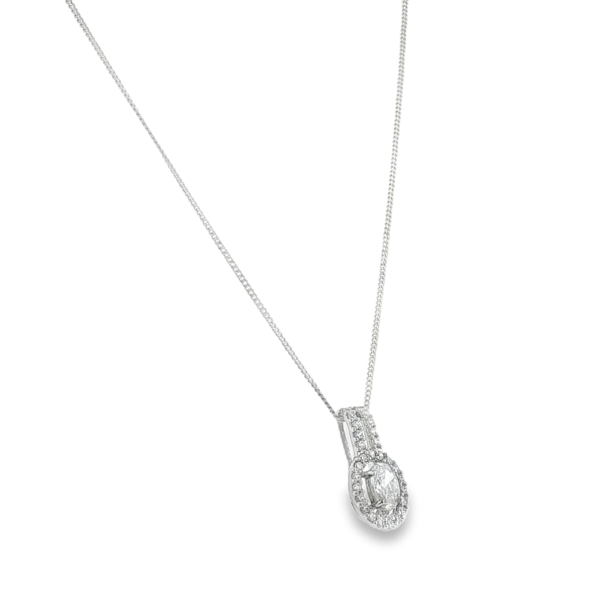 9ct White Gold CZ Halo Pendant & Chain - 16"- 2.6g