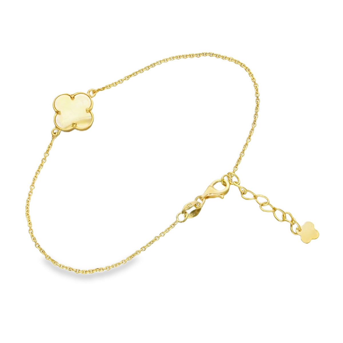 9ct Yellow Gold Mother of Pearl Clover Trace Bracelet - 6.5/7.5"