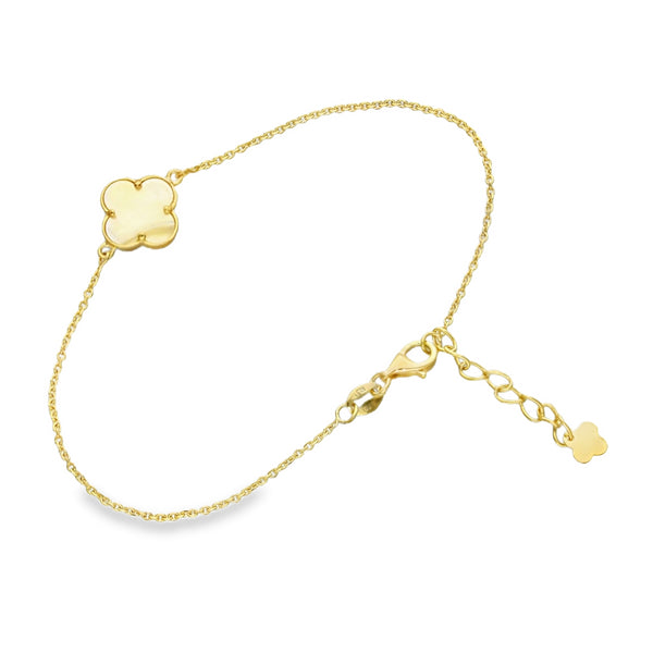 9ct Yellow Gold Mother of Pearl Clover Trace Bracelet - 6.5/7.5"