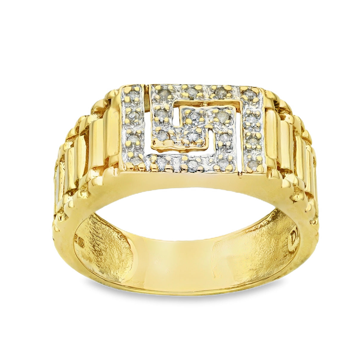 9ct Yellow Gold Greek Key Diamond Ring - Size R½ - 0.10ct