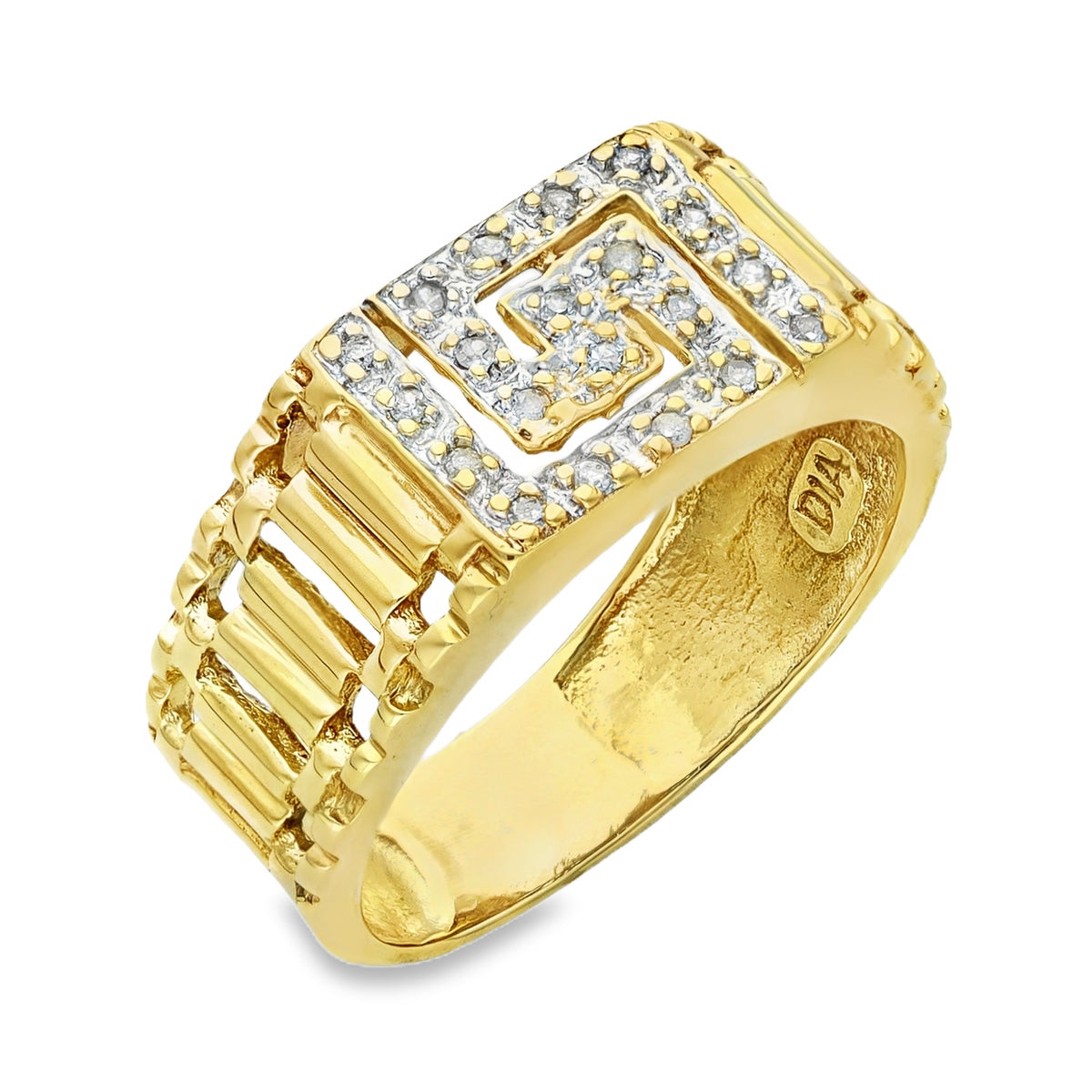 9ct Yellow Gold Greek Key Diamond Ring - Size R½ - 0.10ct
