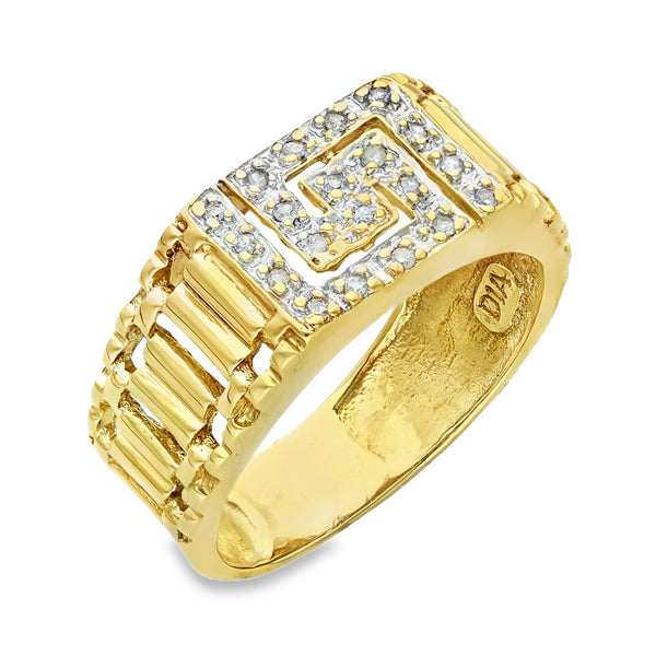 9ct Yellow Gold Greek Key Diamond Ring - Size R½ - 0.10ct