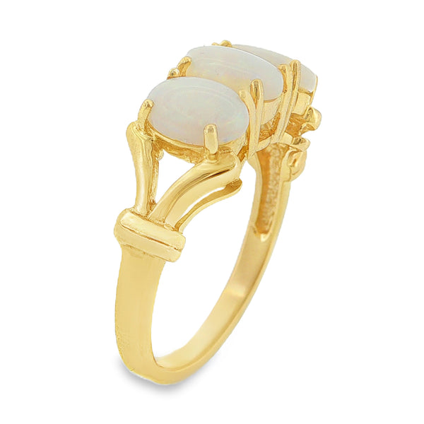 9ct Yellow Gold Oval Opal Trilogy Ring - Size N - 3.4g