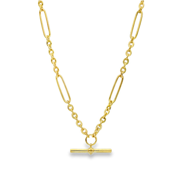 9ct Yellow Gold Hollow Figarolo Chain & T-Bar - 18" - 5.0g