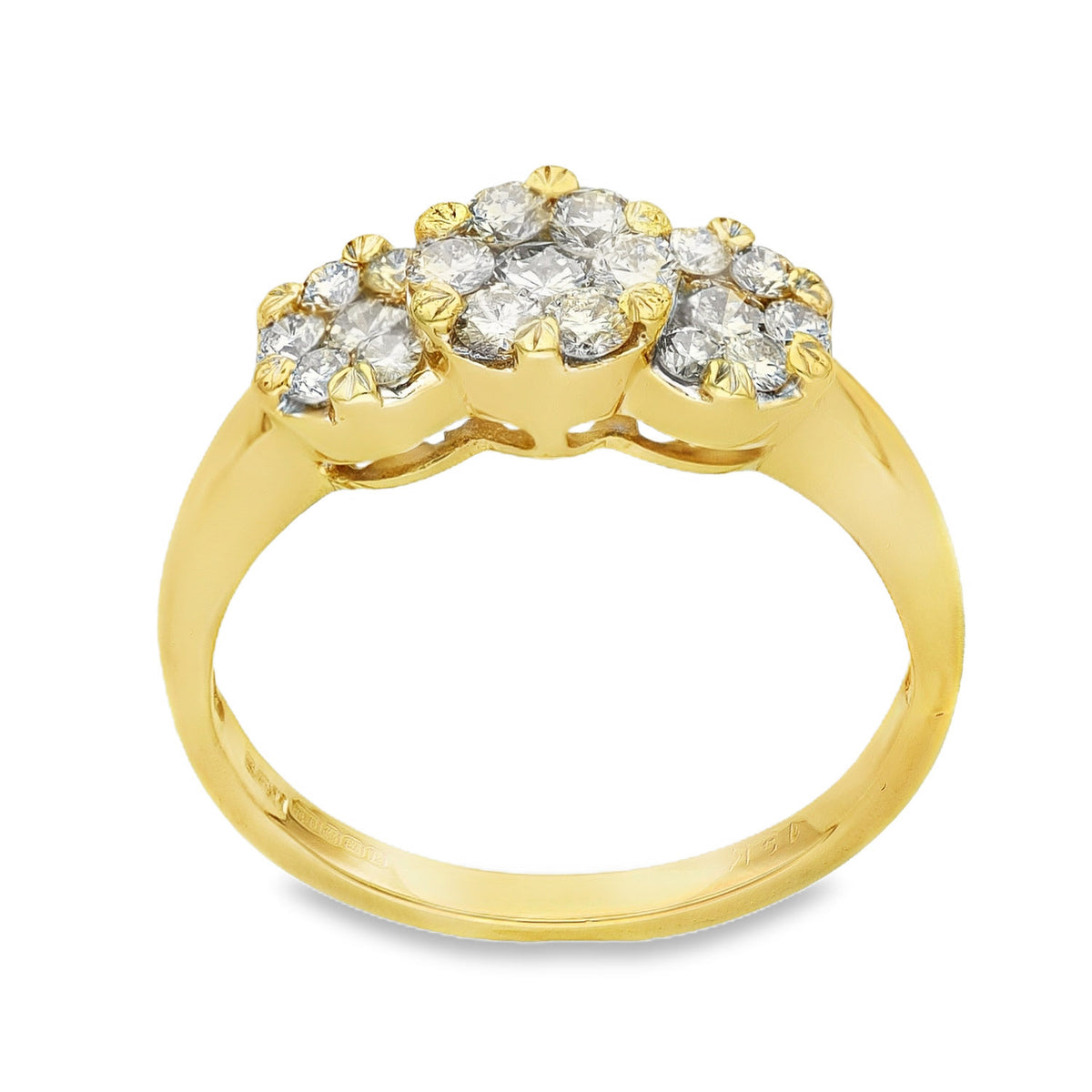 18ct Yellow Gold Diamond Triple Cluster Ring - Size S - 1.12ct