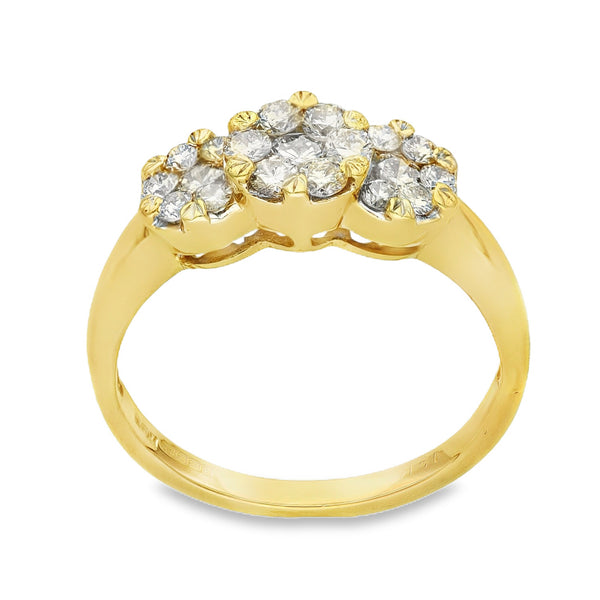 18ct Yellow Gold Diamond Triple Cluster Ring - Size S - 1.12ct