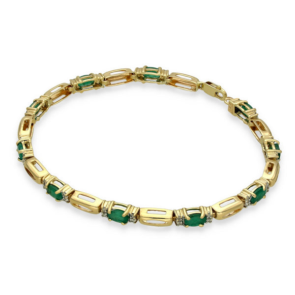 9ct Yellow Gold Emerald & Diamond Bracelet - 7" - 0.20ct