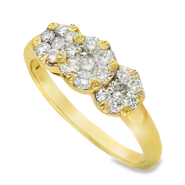 18ct Yellow Gold Diamond Triple Cluster Ring - Size S - 1.12ct