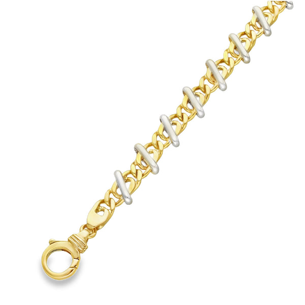 9ct Yellow & White Gold Fancy Curb & Bar Bracelet - 7.5" - 24.0g