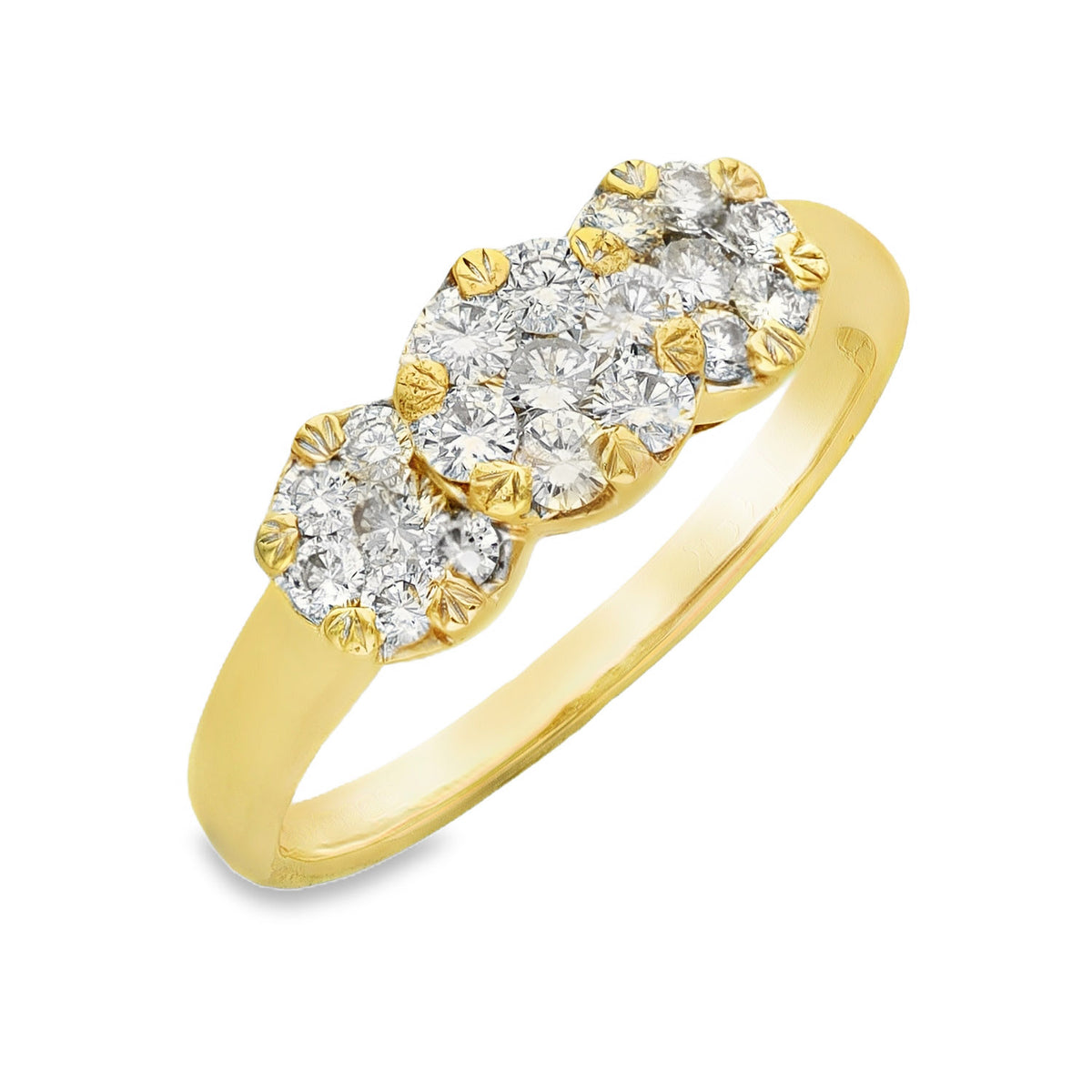18ct Yellow Gold Diamond Triple Cluster Ring - Size S - 1.12ct
