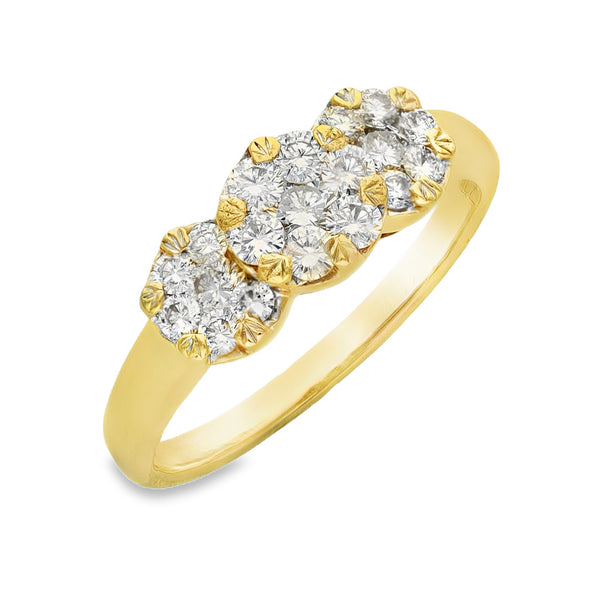 18ct Yellow Gold Diamond Triple Cluster Ring - Size S - 1.12ct