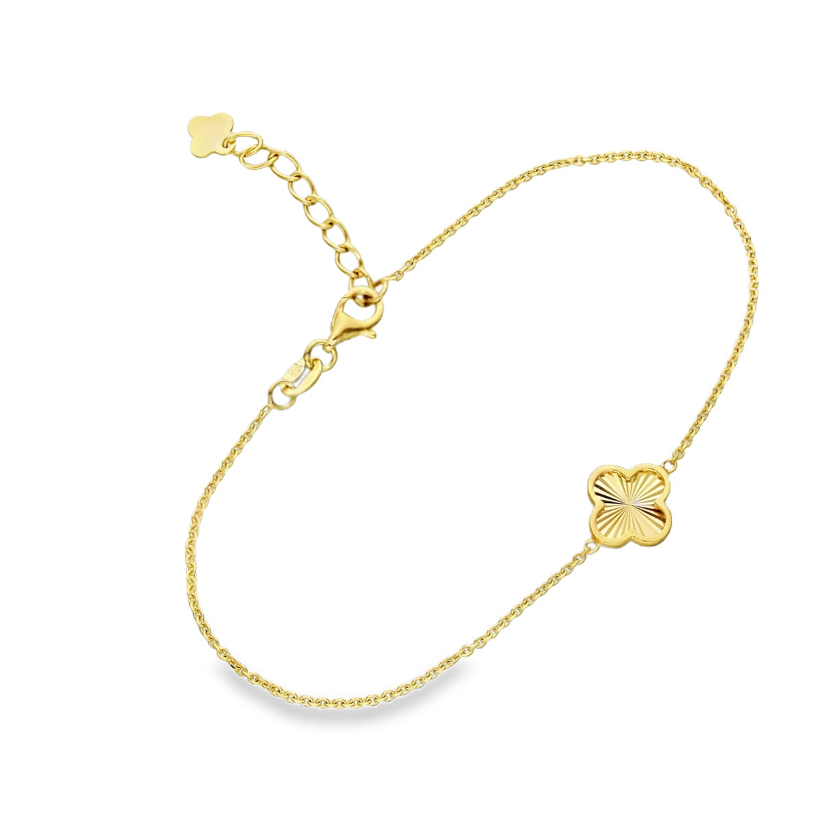 9ct Yellow Gold Sunburst Clover Trace Bracelet - 6.5-7.5" - 1.4g