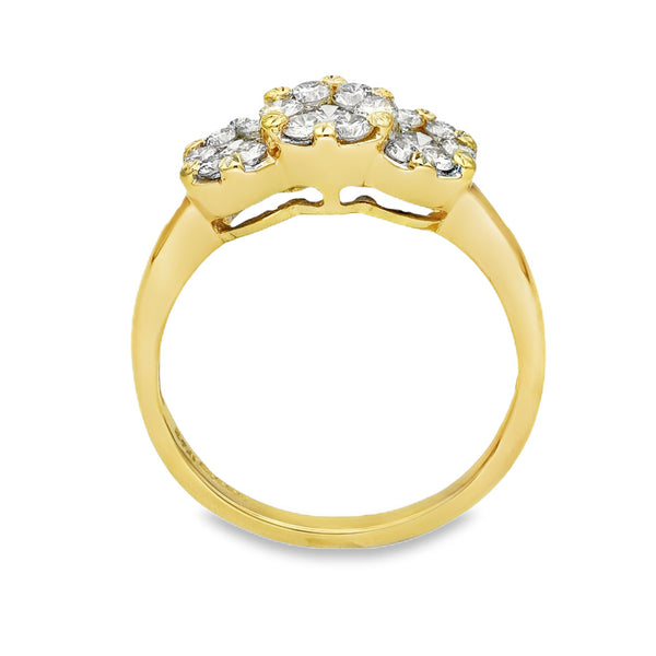 18ct Yellow Gold Diamond Triple Cluster Ring - Size S - 1.12ct