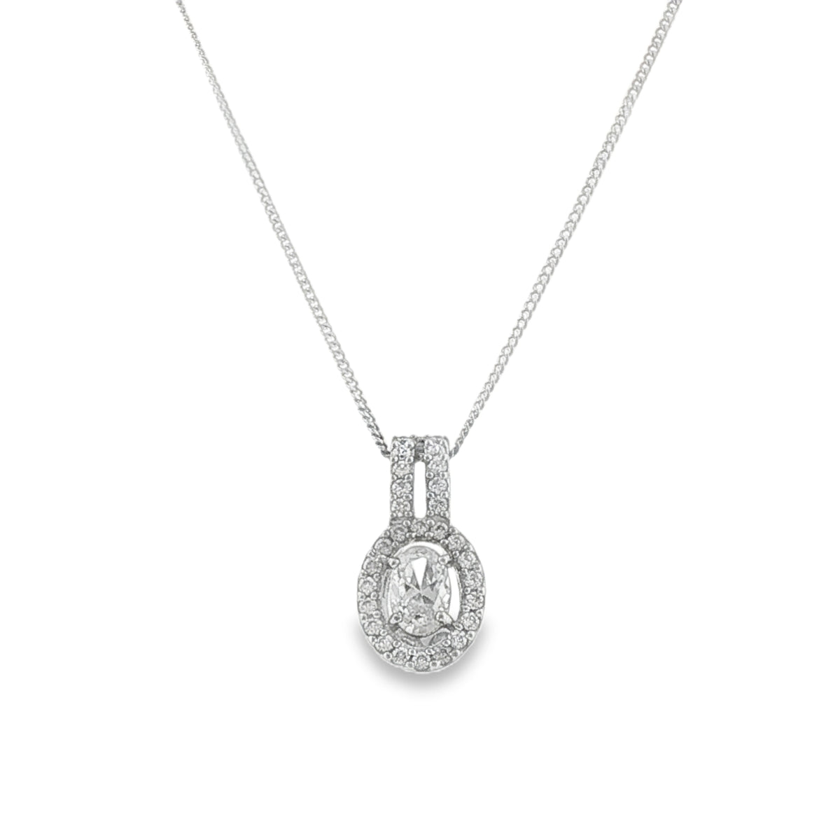 9ct White Gold CZ Halo Pendant & Chain - 16"- 2.6g