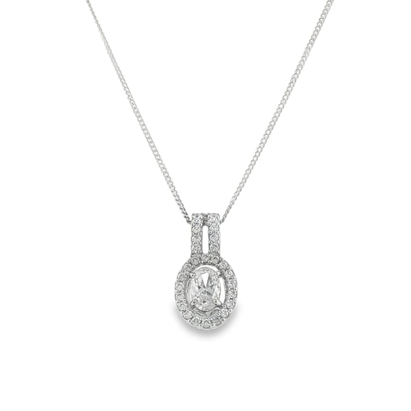 9ct White Gold CZ Halo Pendant & Chain - 16"- 2.6g