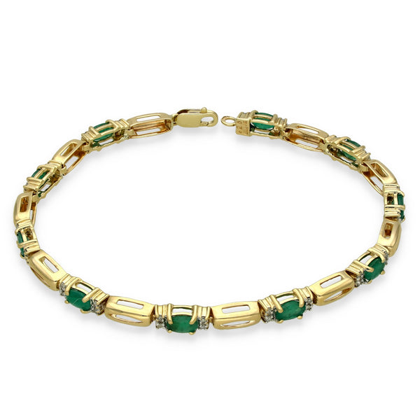 9ct Yellow Gold Emerald & Diamond Bracelet - 7" - 0.20ct