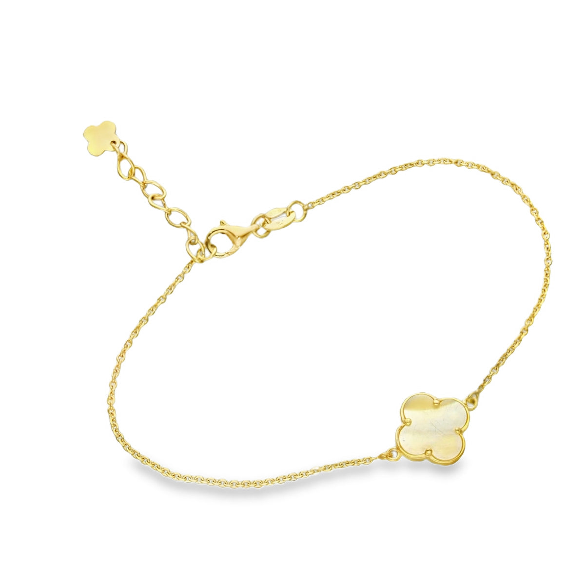 9ct Yellow Gold Mother of Pearl Clover Trace Bracelet - 6.5/7.5"