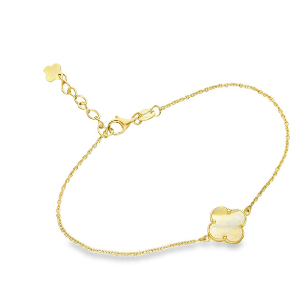 9ct Yellow Gold Mother of Pearl Clover Trace Bracelet - 6.5/7.5"
