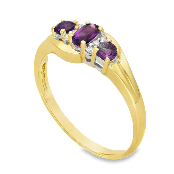 9ct Yellow Gold Amethyst & Diamond Trilogy Twist Ring - Size S - 0.40ct