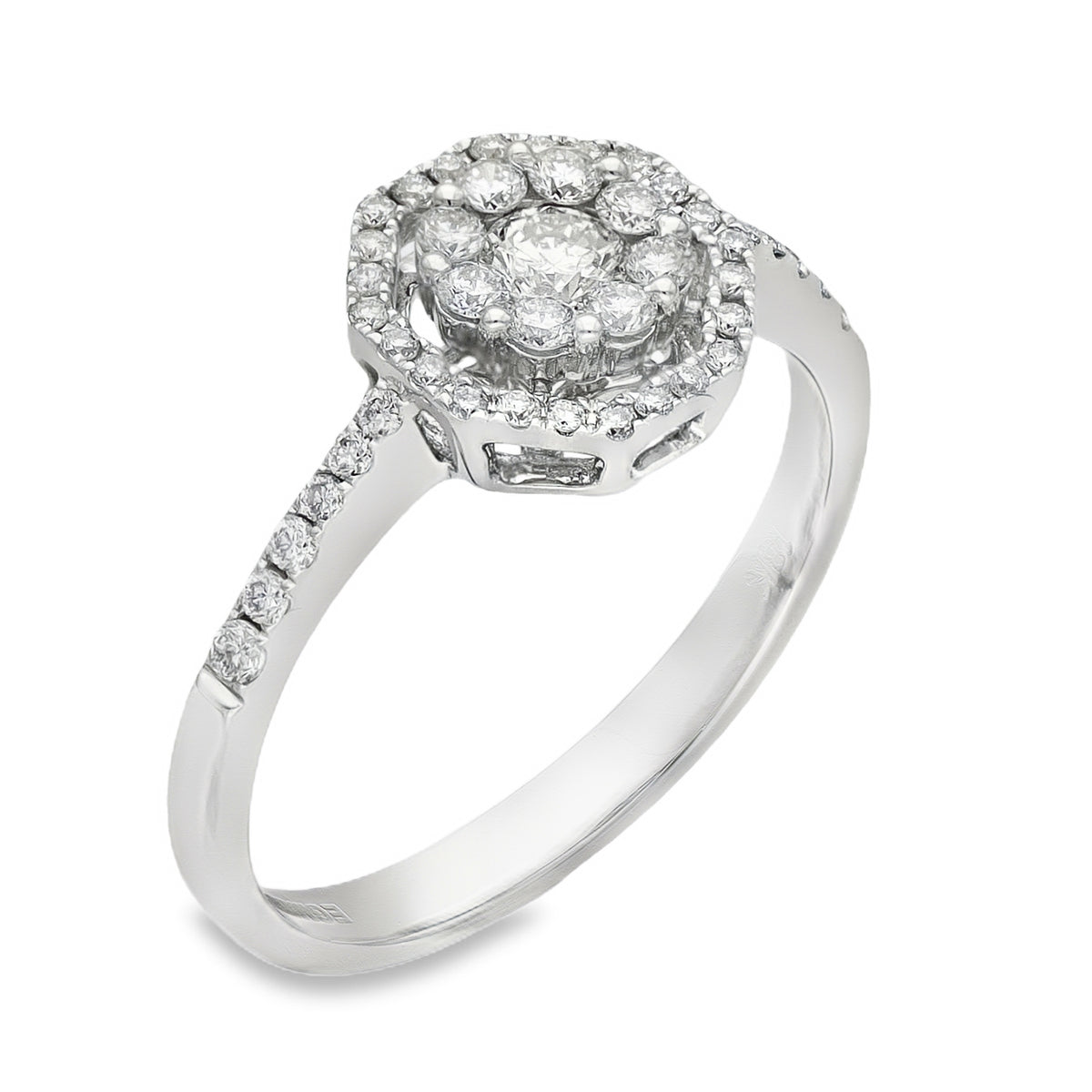 18ct White Gold Diamond Halo Cluster Ring - Size L - 0.50ct