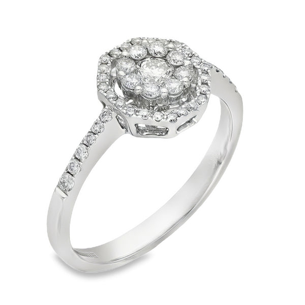18ct White Gold Diamond Halo Cluster Ring - Size L - 0.50ct