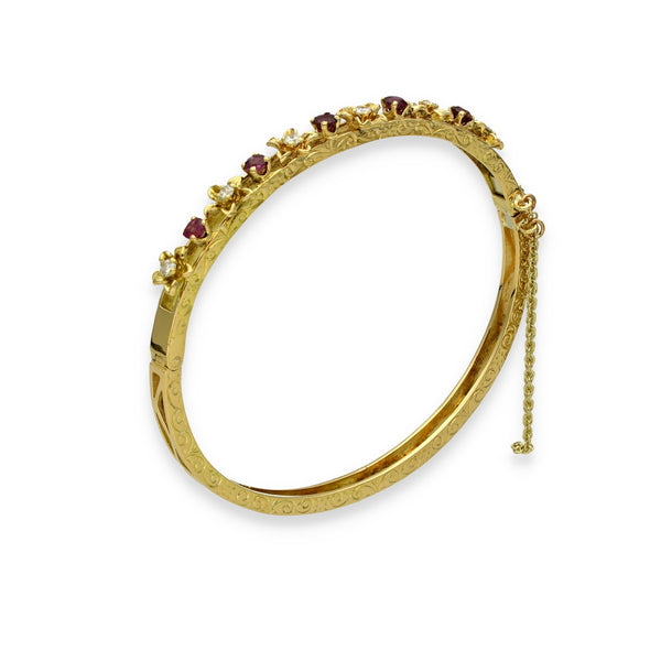 18ct Yellow Gold Ruby & Diamond Flower Bangle - 16.5cm - 0.75ct