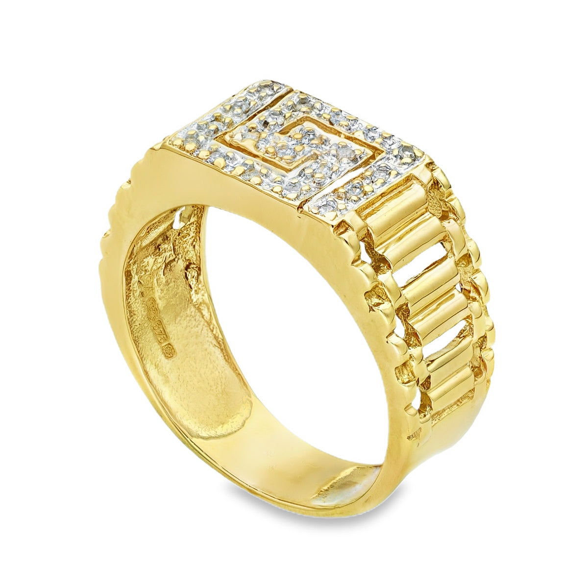 9ct Yellow Gold Greek Key Diamond Ring - Size R½ - 0.10ct