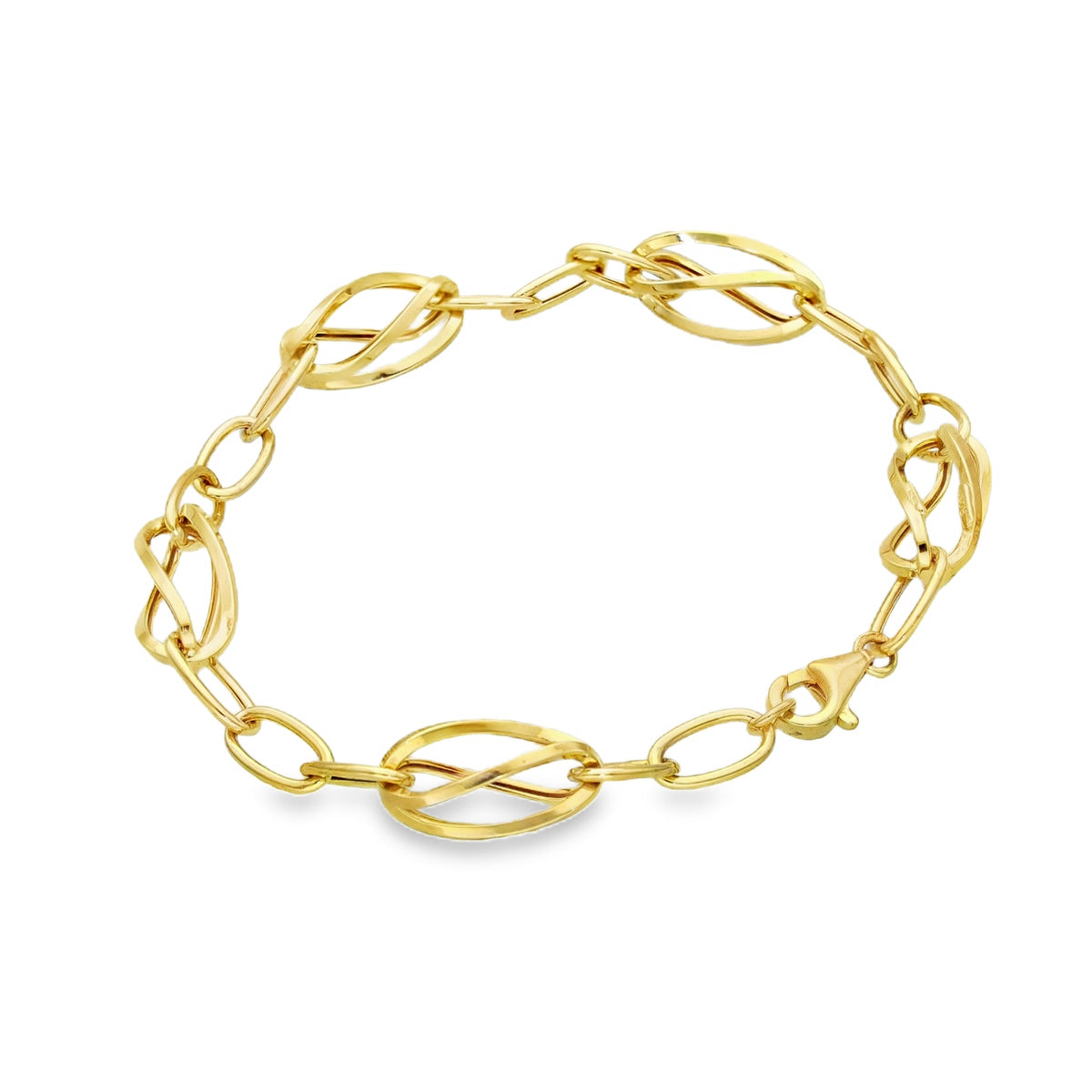 9ct Yellow Gold Open Cage & Oval Link Bracelet - 6.5" - 3.1g