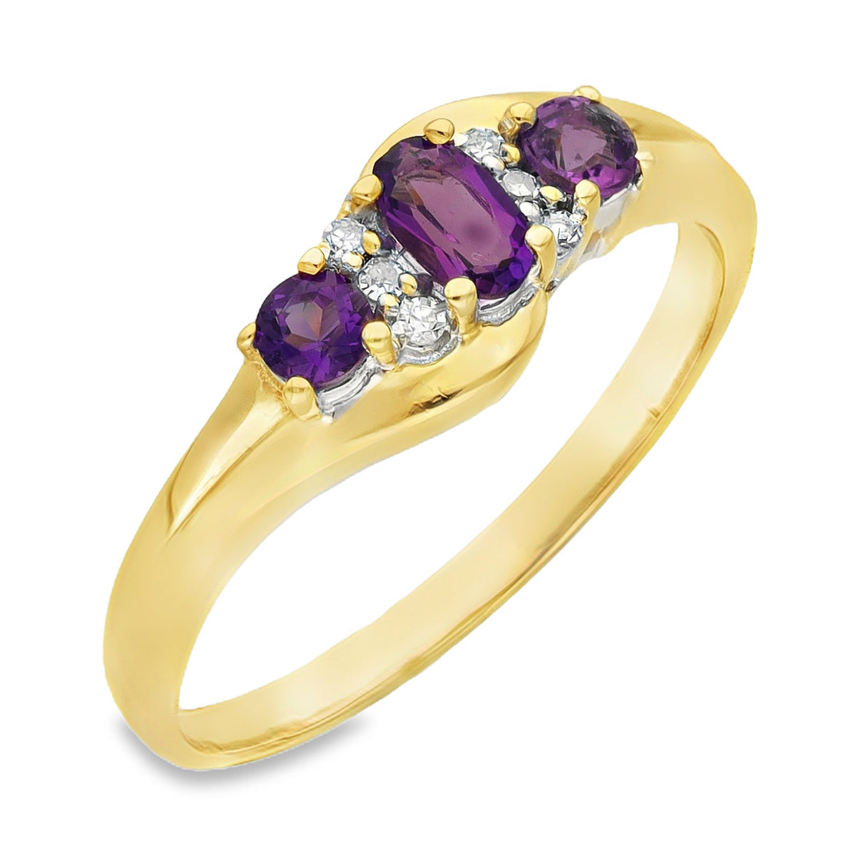 9ct Yellow Gold Amethyst & Diamond Trilogy Twist Ring - Size S - 0.40ct