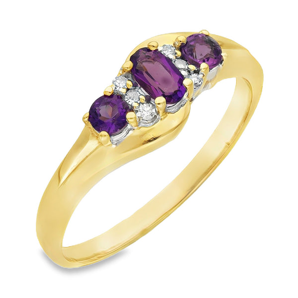 9ct Yellow Gold Amethyst & Diamond Trilogy Twist Ring - Size S - 0.40ct